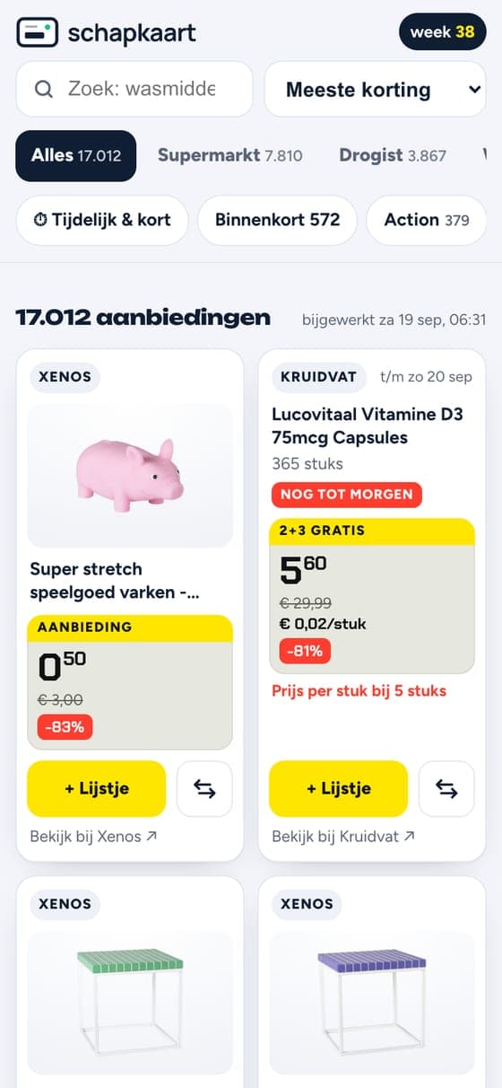 De startpagina van Schapkaart op een telefoon met tabs per branche en aanbiedingen