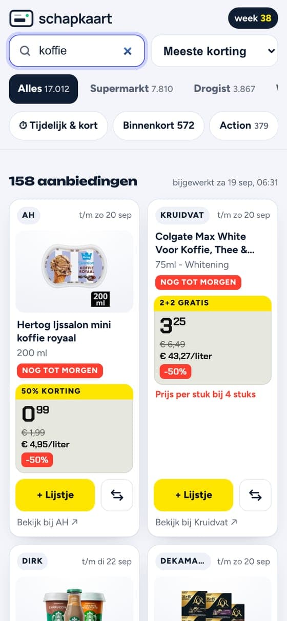 Zoekresultaten voor koffie op Schapkaart met prijzen per liter