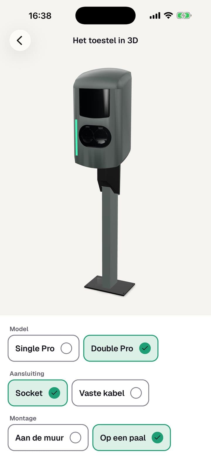 Een laadpaal in 3D in de monteurs-app, met keuze voor model en montage