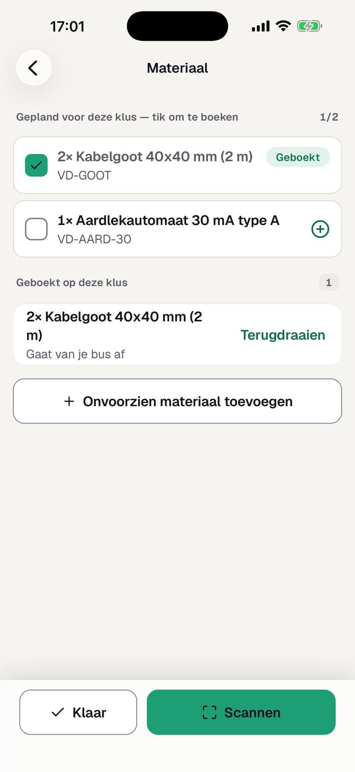 Materiaal afvinken en scannen in de monteurs-app van Veldly