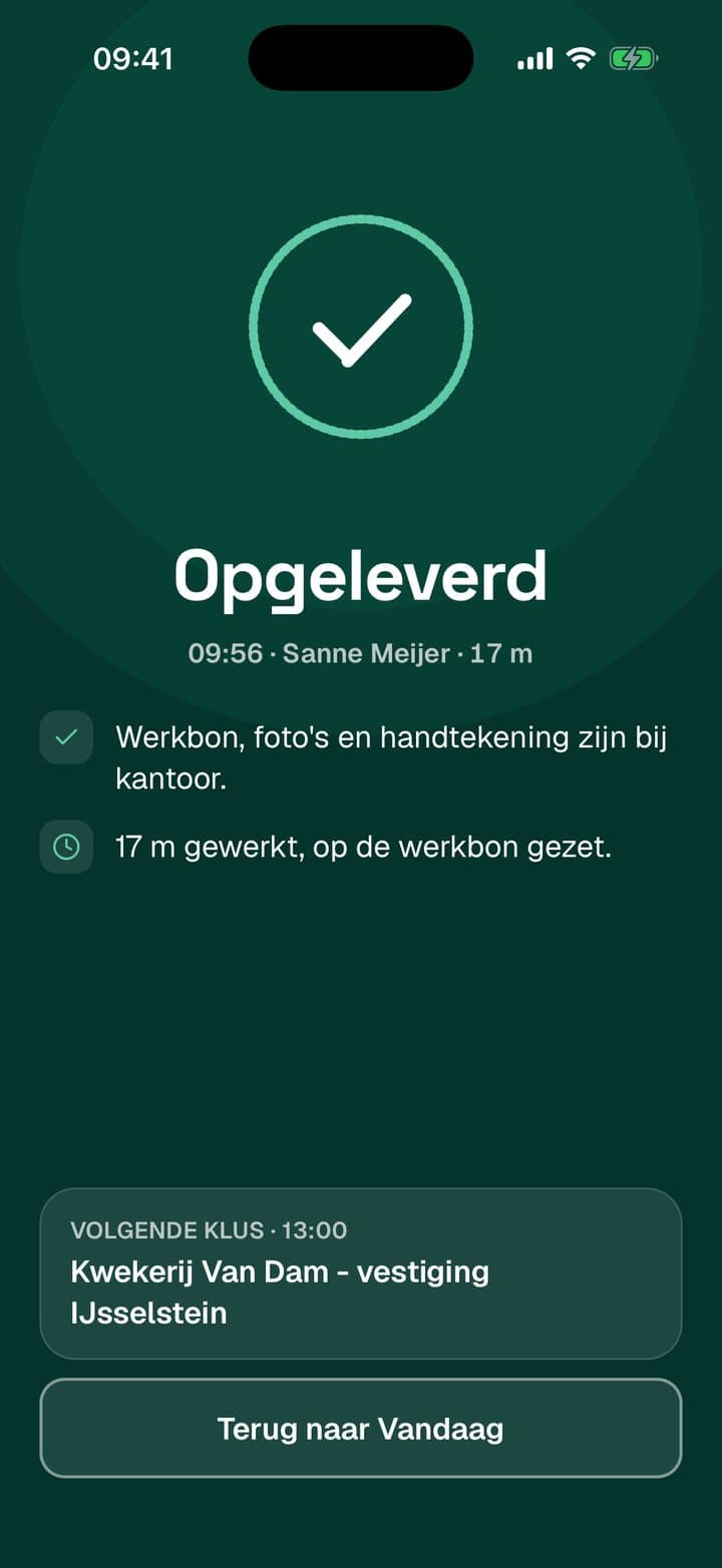 Bevestigingsscherm Opgeleverd in de monteurs-app met de volgende klus