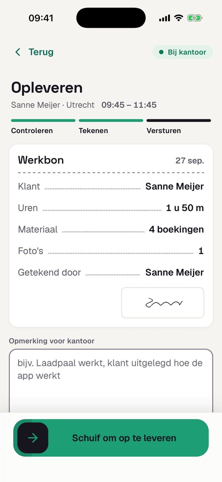 Opleveren in de monteurs-app: werkbon controleren en schuiven om op te leveren