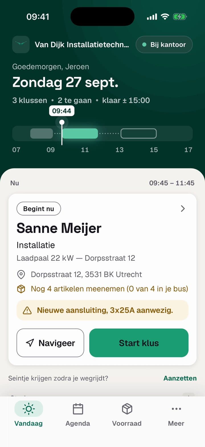 De monteurs-app van Veldly met de dagtijdlijn en de eerstvolgende klus