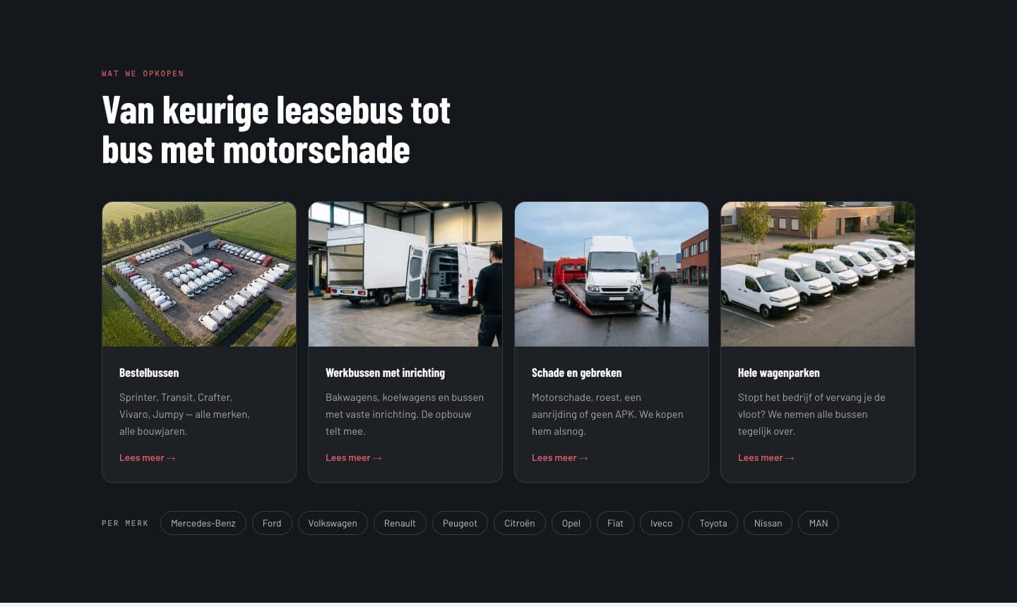 Wat Autobedrijf Cargo opkoopt: bestelbussen, werkbussen met inrichting, bussen met schade en hele wagenparken, plus een rij merken