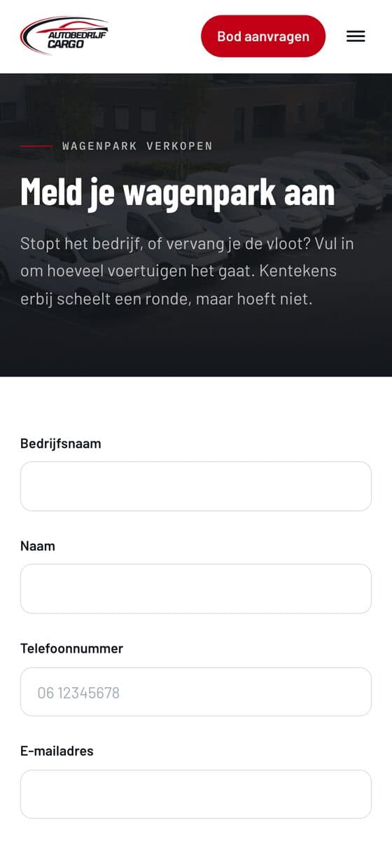 Aanmeldformulier voor het verkopen van een heel wagenpark
