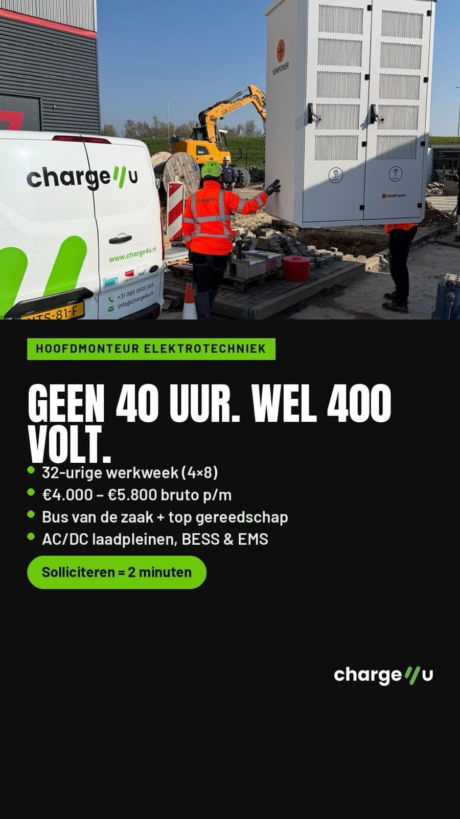 Advertentie voor hoofdmonteur elektrotechniek: Geen 40 uur. Wel 400 volt.