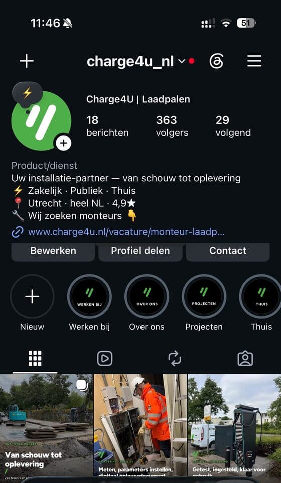 Het Instagram-profiel van charge4u met bio en uitgelichte verhalen in huisstijl