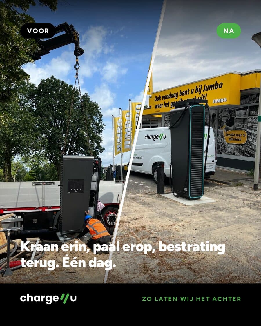 Instagram-post met voor- en na-beeld van een laadpaalinstallatie bij een Jumbo