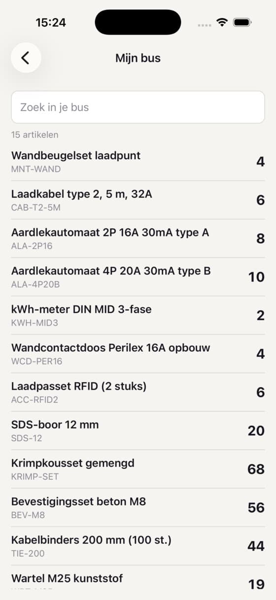 Busvoorraad in de monteurs-app van Veldly
