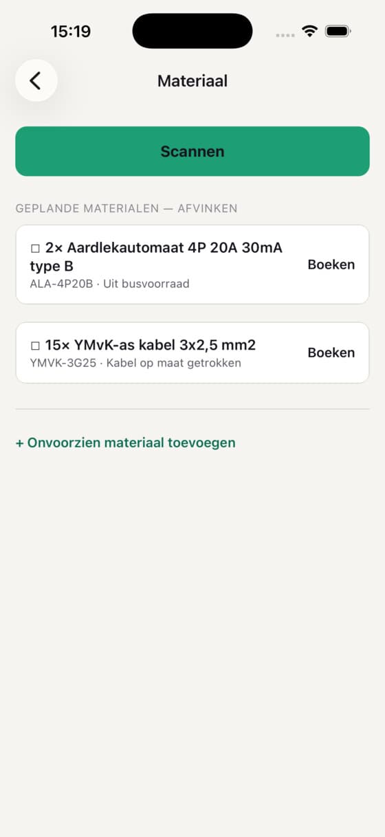 Materiaal afvinken en scannen in de monteurs-app van Veldly